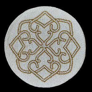 TIRAMISU Handmade Beaded 15in Round Placemat Charger Glam White & Gold NEW